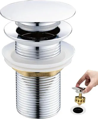Imagen del producto de Desagüe tipo "pop-up" de latón cromado de 1 1/4 de pulgada, sin desbordamiento, con un sistema sencillo de apertura y cierre mediante botón pulsador
