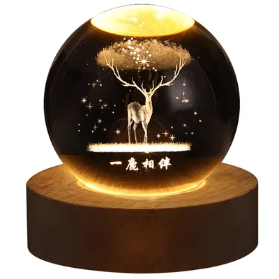 Obrázek produktu pro Křišťálová koule noční světlo, křišťálová koule světlo, křišťálová koule lampa, 3D křišťálová koule světlo, křišťálová koule světlo s dřevěnou základnou