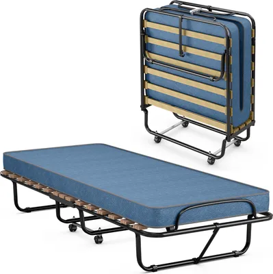 Produktbild von COSTWAY 80x190 cm posteľ pre hostí s penovým matracom, Skladacia jednolôžková posteľ, Robustná kovová posteľ s nosnosťou do 130 kg, Skladacia posteľ na kolieskach, Skladacia posteľ do kancelárie pre hostí, Prenosná posteľ (modrá)
