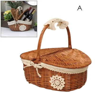 Obrázok produktu pre Piknikový kôš Ručne vyrobený kempingový prútený piknikový kôš Nákupný úložný kôš s vekom a drevenou rukoväťou