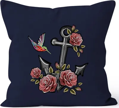 Produktbild von Kissenbezug Anker Rosen Vogel Kolibri Tropical Anchor Stick-Patch-Optik Kissen-Hülle Deko-Kissen Baumwolle Autiga® navy unisize