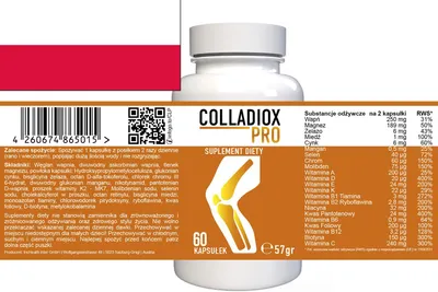 A product bottle with its label, showing nutritional information and branding. A Polish flag is partially visible in the top left corner.