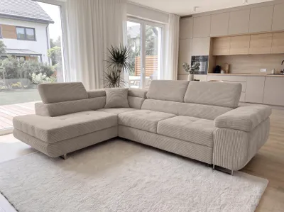 Produktbild von AX LIVING Konak Cord-Schlafsofa L in Beige 276 cm breit, Bettkasten, Kopfstützen