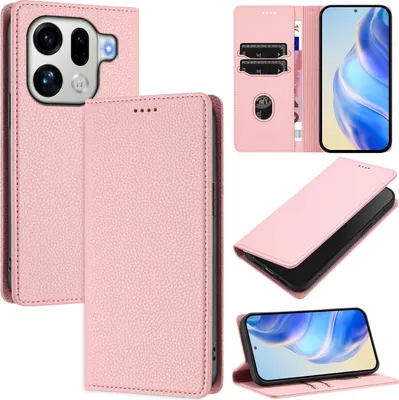 Produktbild von Litchi Leder Handyhülle für Oppo Find X9 Pro Wallet Kartenfächer Standfunktion Hülle Pink