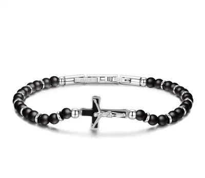 Produktbild von Frank 1967 7FB-0868 – Herrenarmband – Armband aus Naturstein – Schwarzer Achat – Kreuzanhänger – 21 cm – Geschenk für Herren