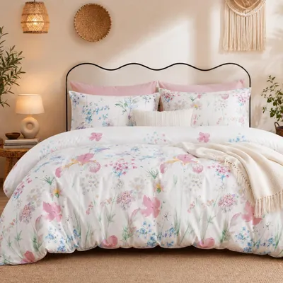 Produktbild von Bettwäsche Set 155x220 cm Weiß Lila Blätter Blumen Muster
