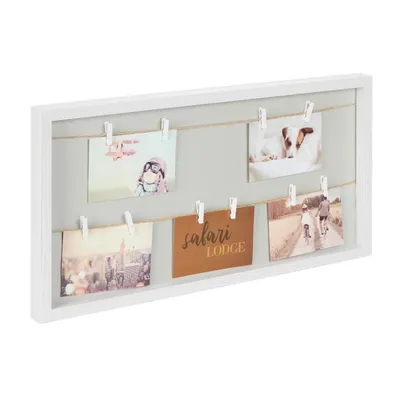 Image de Cadre photo Relaxdays avec corde à linge, 10 pinces, pour photos, billets de concert et autres, tableau photo à suspendre, blanc/gris