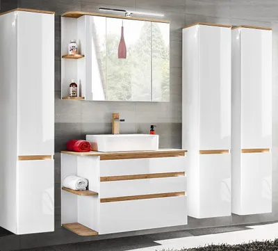 Produktbild von Badmöbel-Set mit Keramik-Waschtisch CAMPOS-56, Hochglanz weiß mit Wotaneiche, 3 Hochschränke B/H/T: ca. 244/200/50 cm