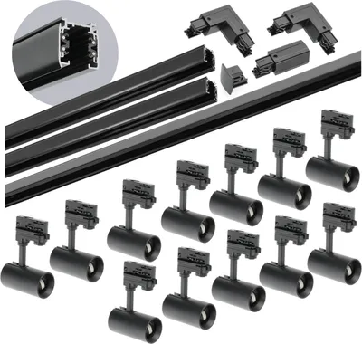 Produktbild von 3-Phasen-Schienenset NEXTRACK - Schienensystem Komplett-Set mit 12x GU10 Lampe und 2x1m+2m Schiene, Verbinder L Schwarz