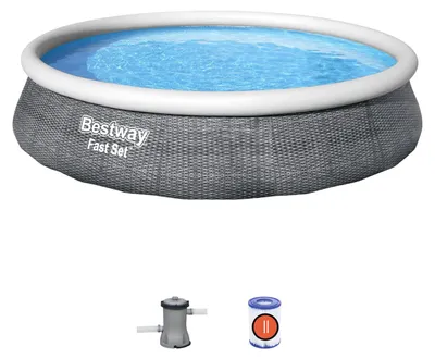Image de Piscine ronde autoportante avec anneau, 396 x 84 cm, en rotin gris, montage rapide, Bestway 57376
