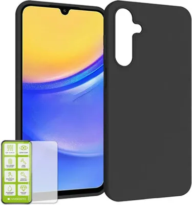 A smartphone case and screen protector are displayed against a white background.