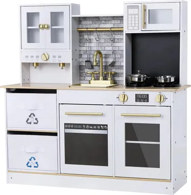Image de Cuisine moderne en bois pour enfants - Avec effets sonores et lumineux - Accessoires inclus - A partir de 3 ans - Jouets interactifs