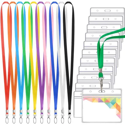 Image de Pochette pour carte d'identité avec cordon, lot de 10, pochette en PVC transparent avec clip pivotant, cordon coloré, porte-carte