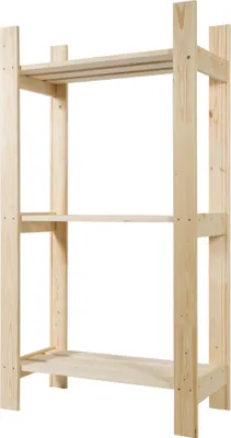 A simple wooden shelf unit with three shelves, shown against a white background.