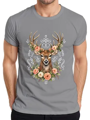 Immagine prodotto di Elegane maglietta da uomo con motivo di corno di cervo, fiori, bosco, stile boho, dettagli in pelle, colore grigio, taglia M