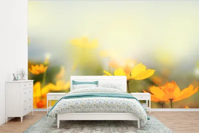 Produktbild von MuchoWow® Fototapete für Wohnzimmer oder Schlafzimmer Wandtapete Vinyl Motivtapete Blumen - Landschaft - Gelb - 350x260 cm - Wohnzimmer-Tapete