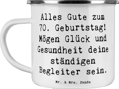 Produktbild von Mr. & Mrs. Panda Reisebecher Spruch 70. Geburtstag Glück und Gesundheit - Weiß - Geschenk, festlicher Anlass, Emaille Becher, Teetasse, Kaffeepott, Happy Birthday, Tasse