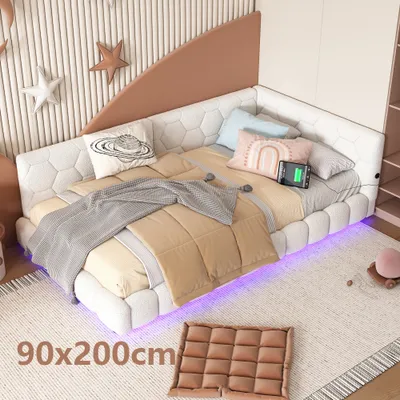 Productafbeelding van AIORBER slaapbank, 90x200 cm, bed met lattenbodem (zonder matras), 16 kleuren omgevingslicht, USB-aansluiting, Type-C, geschikt voor kleine appartementen en gastenkamers, wit