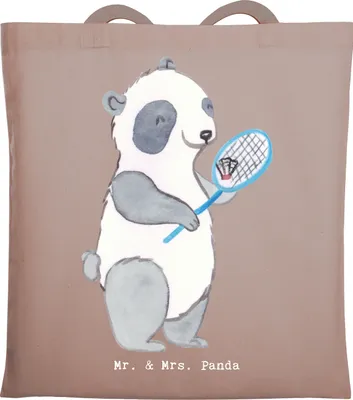 Produktbild von Mr. & Mrs. Panda Tote Bag Panda Badminton  - Braun Pastell - Geschenk, Stoffbeutel, spielen, Shopping Tasche, Jutebeutel, Tragetasche, Laptoptasche