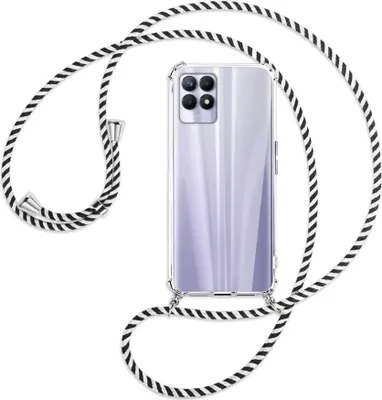 Produktbild von Handykette Backcover-Schutzhülle mit Band (Metall silberfarben) für Realme 8i - schwarz/weiß gestreift