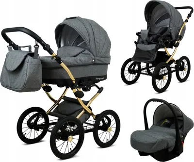 A collage of a baby stroller set, including a bassinet, a seat, and a car seat, all in grey fabric with gold accents.