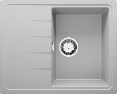 A top-down view of a gray granite kitchen sink with a single basin and a drain.