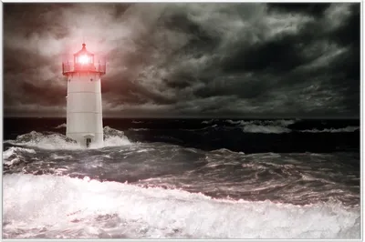 Produktbild von Wallario Wandbild Leuchtturm im Wasser bei stürmischer See, Größe: 61 x 91,50 cm, Poster mit weißem Aluminiumrahmen