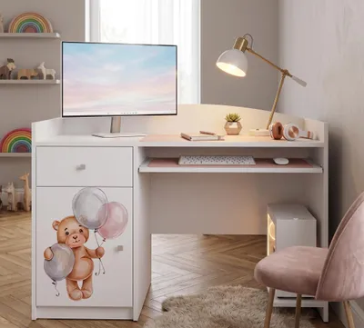 Image de Happy B04 : bureau d'ordinateur pour enfants | Bureau d'écolier blanc mat | Bureau compact avec tiroir pour clavier, pour filles et garçons, avec des oursons