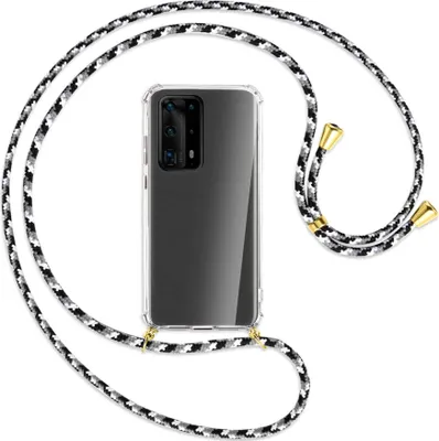 Produktbild von Handykette Backcover-Schutzhülle mit Band (Metall goldfarben) für Huawei P40 Pro Plus - schwarz/grau/weiß