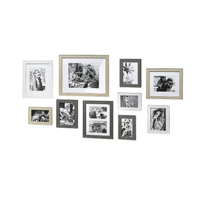 A collection of ten photo frames of various sizes arranged on a white background.