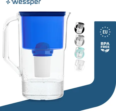 Produktbild von Wessper Wasserfilterkanne 2.5 L Kompatibel Mit Brita Classic , Wasser Filtersystem zur Reduzierung von Kalk, Chlor | + 1x Wasserfilter Blau