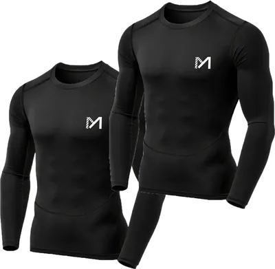 Produktbild von Herren 2er-Pack Funktionsshirt Kompressionsshirt Langarmshirt Sport Laufshirt Tights Tops schnelltrocknend & atmungsaktiv, Muskelhemd schwarz+schwarz S