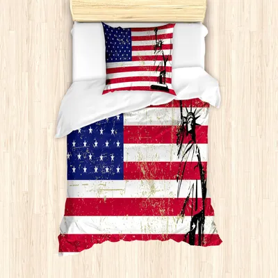 Produktbild von ABAKUHAUS New York Bettbezug Set, Freiheitsstatue Und Usa Flagge Retro Art Erleuchtende Weltberühmte Ikone, 135 x 200 cm + 80 x 80 cm, Dunkler Coral Weiß
