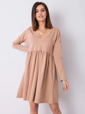 Produktbild von Beiges Damenkleid aus Baumwoll-Mix mit dekorativer Borte, Größe L