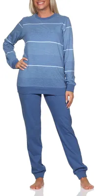 Produktbild von Normann Damen langarm Schlafanzug mit Bündchen in Streifenoptik - auch in Übergrössen ; blau , 36