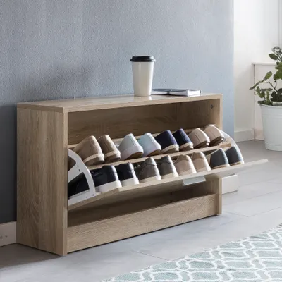 Produktbild von Wohnling Schuhkipper SPLIT Modern 80 x 47 x 24 cm Holz Schuhregal Sonoma 1 Fach Schuhkommode Flurschrank mit Ablage Schuhschrank Schuhaufbewahrung