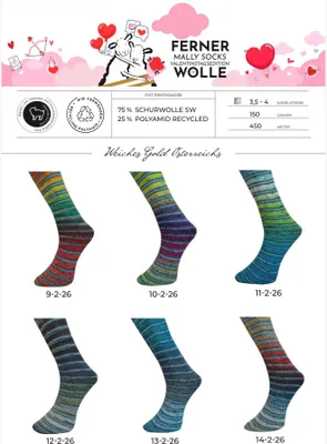 Produktbild von Ferner Wolle MALLY SOCKS Valentinstagsedition 2026 4-fach Sockenwolle zum Valentinstag 150 g, 450 m  Farbe 13.02.26