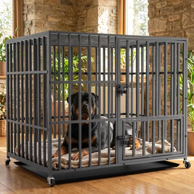 Produktbild von WISFOR XL Hundekäfig mit 3 Türen rollbar Hundebox mit Bodenschale Drahtkäfig Hundetransportkäfig Gitterbox, 107x77.5x94cm, KI-generiertes Bild