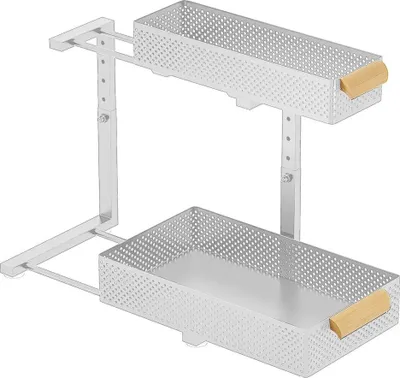 Image de Rangement sous l'évier - Étagère coulissante à 2 niveaux - Acier - Pour la cuisine et la salle de bains - Polyvalent - Blanc