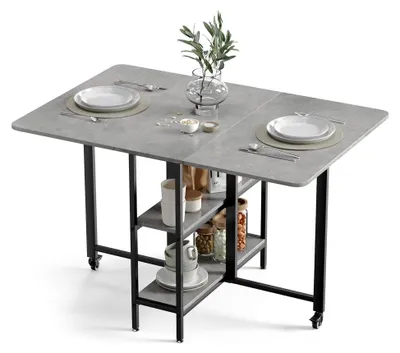 Produktbild von Mobiler Klappbarer Esstisch mit 2 Offenen Ablagen für Kleine Räume, 120 x 80 x 75 cm, Grau
