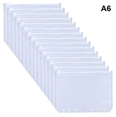 Obrázek produktu pro A5 průhledné obálky na zip, 15 kusů, vyrobené z PVC, s perforací pro 6 otvorů, vodotěsné, vhodné pro průkazy, peníze a dokumenty týkající se rozpočtu