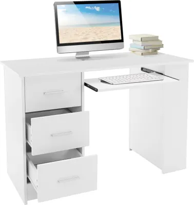 Produktbild von ML-Design Schreibtisch mit 3 Schubladen, 3 Regale und Tastaturauszug, 110x49x75 cm, Weiß, Stauraum, 3 Ablageflächen