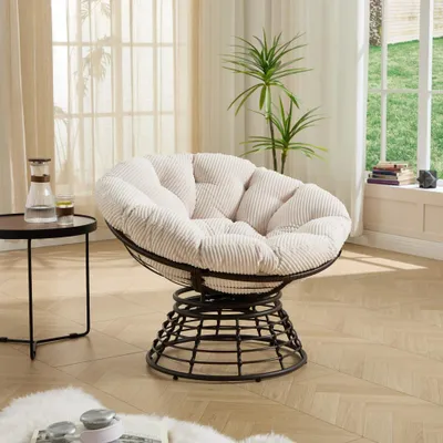 Produktbild von AIORBER Papasan Sessel 360° drehbar, Rattan Lounge Sessel mit dickem Kissen, Stahlgestell, für Wohnzimmer Schlafzimmer Outdoor, Weiß