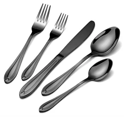 Image de Ensemble de couverts Ibenzoa® comprenant 40 pièces, de couleur noire, pour 8 personnes : fabriqué en acier inoxydable 304, comprenant 8 couteaux, 8 fourchettes, 8 cuillères à soupe, 8 cuillères à café et 6 fourchettes à dessert