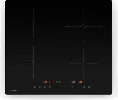 A top-down view of a black induction hob with four cooking zones and a digital control panel.