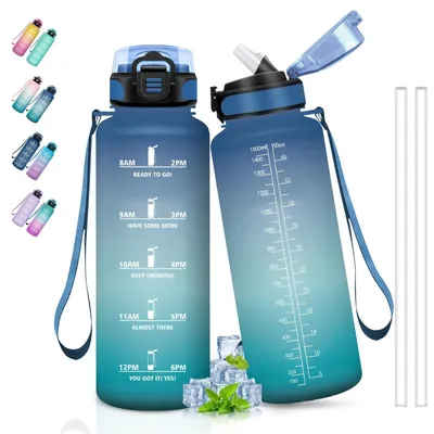 Produktbild von Omgoods – Trinkflasche 1,5 Liter – Motivierende Wasserflasche mit Zeitmarkierungen, auslaufsicher und leicht zu reinigen