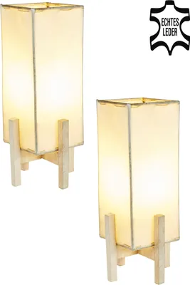 Produktbild von 2er Set Orientalische Tischlampe Janka 30cm Lederlampe Quadratisch Lampe | Marokkanische kleine Tischlampen aus Metall, Lampenschirm aus Leder | Orientalische Dekoration aus Marokko, Farbe Beige