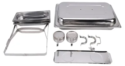 Image de Ensemble de chafers rectangulaires en acier inoxydable pour buffet, comprenant un plat de service avec couvercle, des supports pour les pastilles de combustible et un réchauffeur de nourriture pour événements, fêtes et mariages. Modèle à 3 compartiments, couleur argent