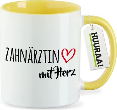 Produktbild von Huuraa Kaffeetasse Zahnärztin mit Herz 330ml Gelb Keramik Kaffeebecher Geschenkidee