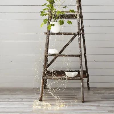 A vintage wooden ladder is used as a decorative display with a plant and decorative bowls, adorned with string lights.